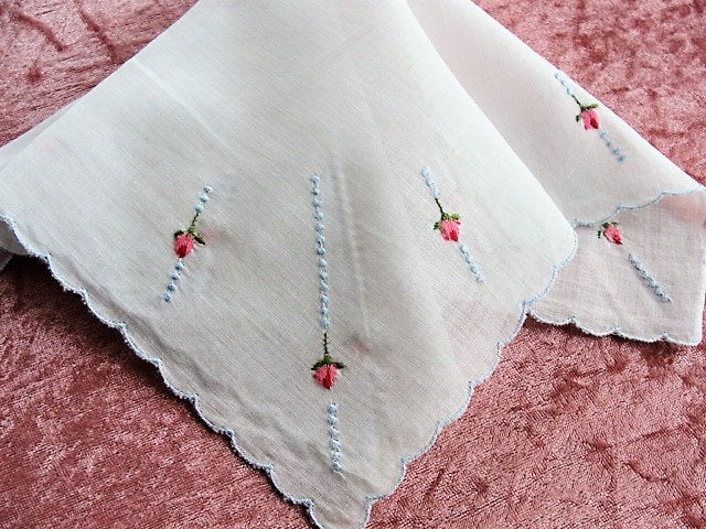 PRETTY Vintage Handkerchief Delicate Dainty Embroidered Hanky Sweet Raised PINK Flowers and Blue Something Blue Bridal Hanky Wedding Hankies