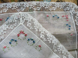 LOVELY Vintage BRIDAL Hanky,Wedding Handkerchief WIDE French Lace Hankie,Embroidered Pink and Blue Roses,Something Old Collectible Hankies