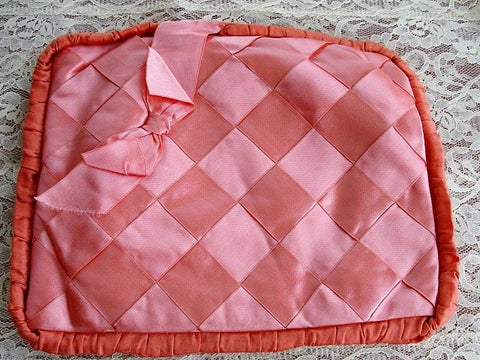 Vintage 20s FRENCH HANKY HOLDER Case, Handkerchief Fold ,Hankies Keeper,Satin Pink Ribbonwork, Boudoir Vanity Display, For Hanky Collector