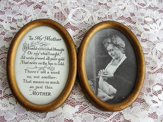 SWEET Antique Double Frame To My Mother  Picture, Mother Poem and Picture of Mom Knitting, Gilt Double Metal Frame, Perfect Mother Gift