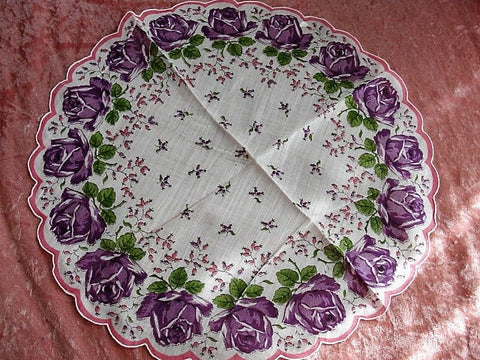 50s VINTAGE Printed Purple Flowers ROUND Hanky, Colorful Floral Handkerchief,Collectible Hankies,Shabby Chic,Purple Roses Hankies To Collect