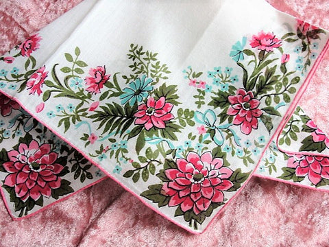 40s VINTAGE Printed Floral Hanky, Colorful PINK and BLUE Flowers hankie,Handkerchief To Frame,Collectible Hankies,Bridal, Hankies To Collect