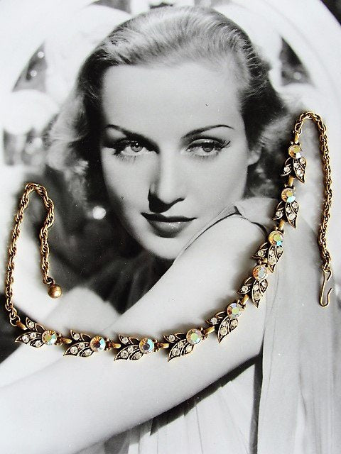 GLITTERING  1950s Vintage Crystal and AB Rhinestones Necklace,Unique Design,Gold Tone Metal Necklace,Elegant Evening Necklace,Bridal Jewelry