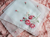 1950s VINTAGE Bridal Handkerchief, Hanky, Delicate Dainty Embroidered Nylon Hankie, Pink ROSES, Flowers, Something Old Bridal Gift Hankies