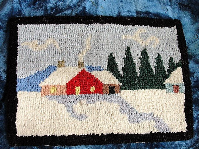 Antique GRENFELL Canada Hand Made PRIMITIVE Hooked Rug Miniature Mat Colorful Snow Cabin Scene, Charming Farmhouse Decor,Vintage Hooked Mats