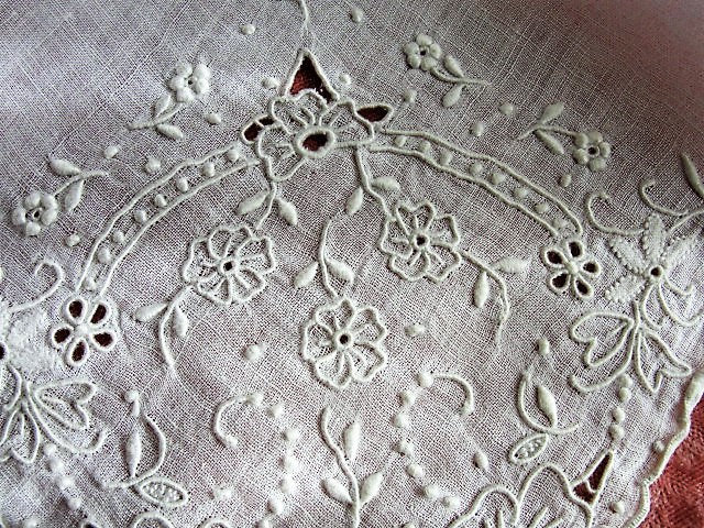 1930s Vintage MADEIRA Hand Embroidered Hankie Handkerchief White Work Embroidery FLORAL Openwork Wedding Bridal Bridesmaids Special Hanky