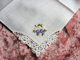 LOVELY VINTAGE HANKIE Handkerchief Delicate Dainty Hand Embroidered Hanky Sweet Raised Flowers Lace Corner Trim Something Old Bridal Gift