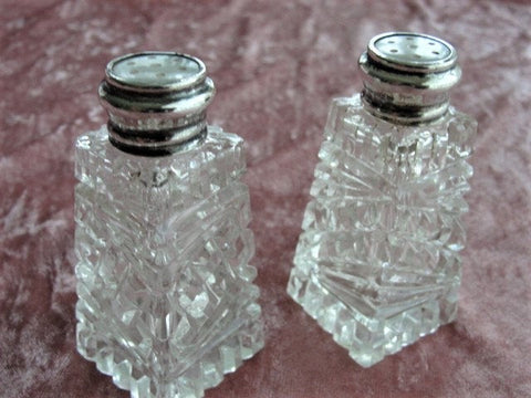 LOVELY Antique Cut Crystal Salt and Pepper Shakers Sterling and Mother of Pearl Tops, Elegant Dining, Wedding Gift, House Warming Gift