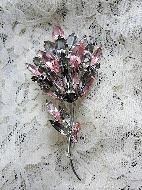 SPECTACULAR Rare SHERMAN Huge Brooch,Rhinestone Pin,Pink,Grey Gray Navettes Rhinestones,Vintage Statement Brooch Uncommon Design Collectible