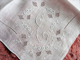 LOVELY Vintage MADEIRA Embroidered Hankie Monogram E Handkerchief ,WhiteWork ,Embroidery Openwork, Wedding Bridesmaid Hanky, Bridal Hankies