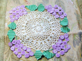 BEAUTIFUL Vintage Figural Doily Colorful Purple Grapes Creamy White Hand Crocheted Doily Farmhouse Decor, French Country Cottage,Collectible Doilies