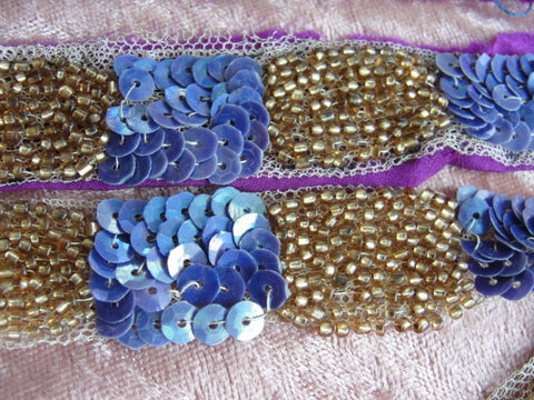 DECADENT Art Deco Trim, Flapper Era Trim, Iridescent Beaded Trim, Gold Beads, Purple Sequins, Netted Lace, Vintage Beaded Embellishments