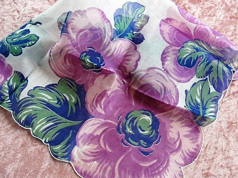 50s VINTAGE Hanky Printed Purple Flowers,Colorful Floral Handkerchief, Swiss Hanky,Collectible Hankies, Shabby Chic, Hankies To Collect