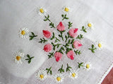 LOVELY Vintage Hankie, Handkerchief ,Delicate Dainty Hand Embroidery, PINK Roses and Daisy Flowers Hanky, Bridal Hankies, Vintage Hankies