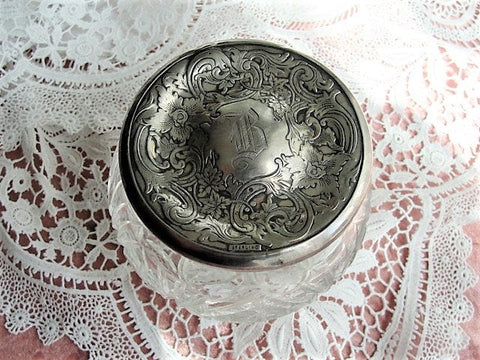 GORGEOUS Engraved Floral Sterling Silver and Cut Crystal Vanity Jar, Large Dresser Jar,Cosmetic Container,French Chateau Decor, Impressive