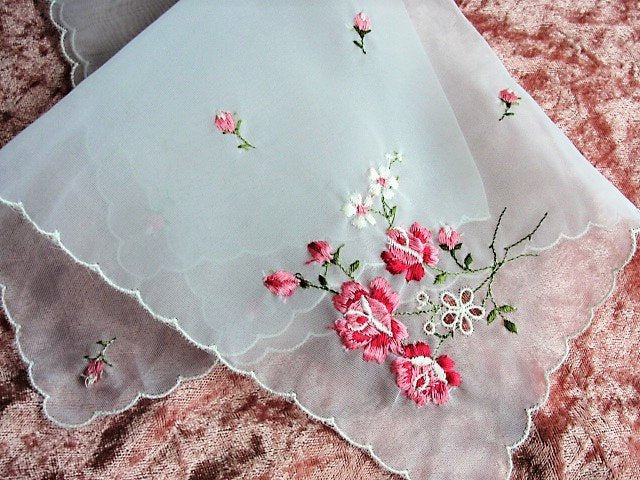 1950s VINTAGE Bridal Handkerchief, Hanky, Delicate Dainty Embroidered Nylon Hankie, Pink ROSES, Flowers, Something Old Bridal Gift Hankies