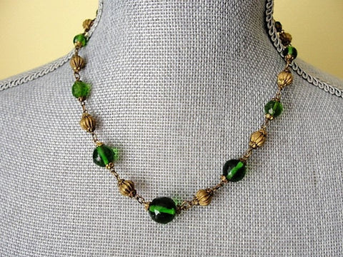 BEAUTIFUL Antique Czech Glass and Ornate Brass Beads Necklace, Faceted EMERALD Green Beads, Day or Evening, Captivating Antique Necklace