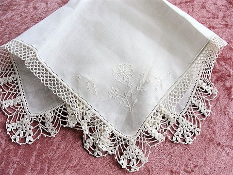 Vintage BRIDAL WEDDING Handkerchief WIDE Hand Crochet Lace Hankie Special Bridal Hanky, WhiteWork Flowers Embroidery, Collectible Hankies