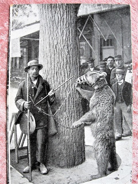 RARE French Postcard of Bear Showman,Dancing Bear,Montreur d'Ours,Street Bear Trainer,Performing Street Bear, Carnival Bear Postcard