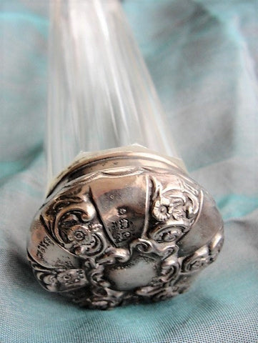 GORGEOUS REPOUSSE Floral Sterling Silver n Elegant Cut Crystal Vanity Bottle,Dresser Jar,Cosmetic Container,French Chateau Decor,Fine Silver