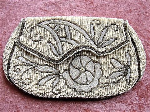 GORGEOUS 1920s Art Deco Belgium Beaded Purse Evening Bag,Taupe Ivory White Glass Micro Beads,Flapper Era Collectible Antique Purses, Bridal