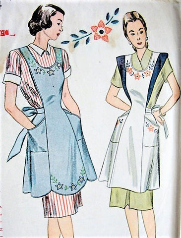 1940s FARMHOUSE Full Bib Apron Pattern Simplicity 1794 Two Pretty Aprons WW II War Time,EmbroideryTransfer Bust 38-40 Vintage Sewing Pattern