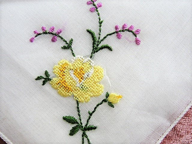 LOVELY VINTAGE HANKIE,Handkerchief,Delicate,Dainty Petit Point Yellow Roses Embroidered Purple Flowers Hanky,Something Old, Bridal Gifts