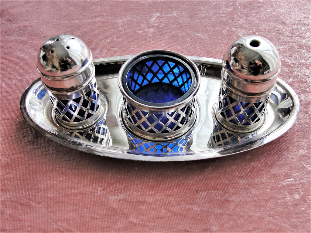 VINTAGE English Silver Codiment Set and Tray, Elegant Silver Plate and Cobalt Blue Glass Liners,Salt and Pepper Shakers, Wedding Gifts