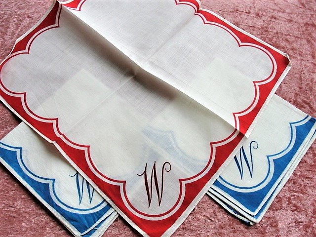 1940s VINTAGE Hankies, Monogram W Set of 3 Handkerchief, Red Hanky, Blue Hankie,Vintage Forties Hankies, Collectible Old Hankies