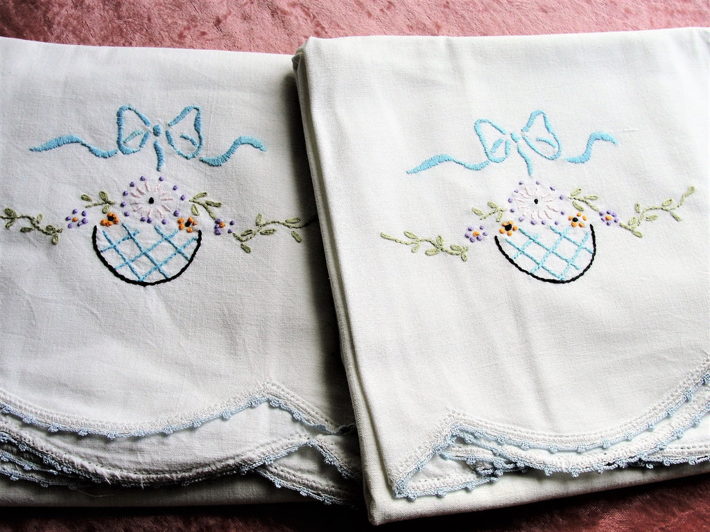 VINTAGE Pillowcases,Pretty Embroidered Cotton Pillow Slips,Vintage Linens,Bridal Shower Gift, French Country,Farmhouse Decor,Collectible
