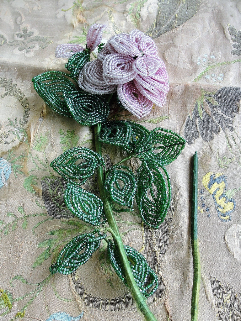 ANTIQUE French Glass Beaded Pink Rose Flower and Leaves, Long Stem Large Glass BeadWork Multi Petal Layers Rose,French Country,Wedding Decor