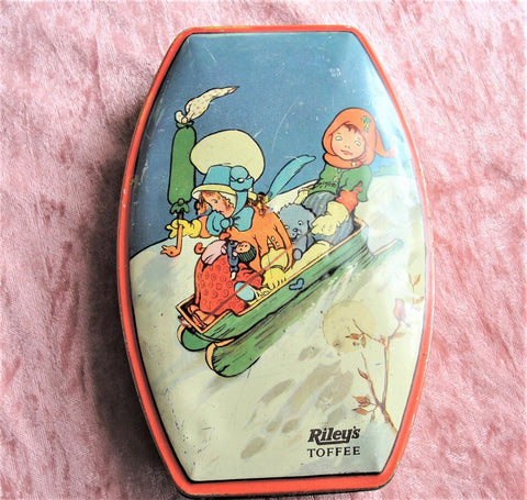 Vintage 1930s RILEYs Tin Box,Kate Greenaway Style,Toffee Tin,British Candy,English Tin Box,Cute Children,Winter Sled Tin,Collectible Tins