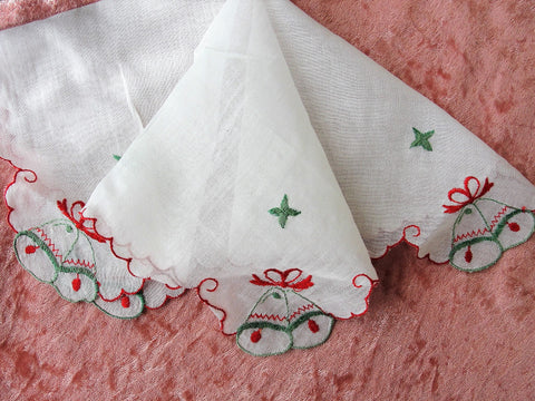 Vintage HOLIDAY Decor Novelty Hanky, Hankie, Xmas Bells, Christmas Hankies,Christmas Handkerchief,Colorful Winter Hanky, Holiday Decor