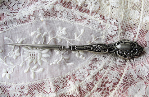 BEAUTIFUL Victorian Sterling Silver Needlework Tool,Silver Awl,Punch,Ornate Silver Stiletto,Sterling Silver Sewing Tool,Art Nouveau Silver