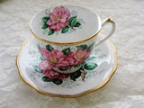 VINTAGE Queen Anne English Bone China Lovely Teacup and Saucer PINK Flowers CAMELLIA Pattern Lavish Gold Trim Collectible Cup and Saucer