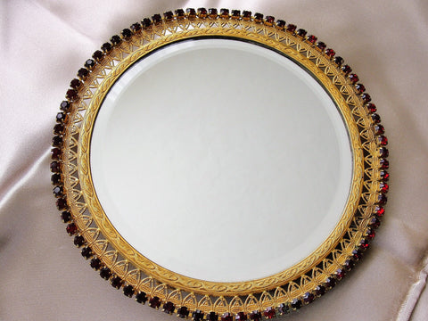 GORGEOUS Gilt and Rhinestones Beveled Vanity Mirror, Lovely Filigree Gold Metal, Brilliant Garnet Rhinestones,Easel Back or Hang Up Mirror