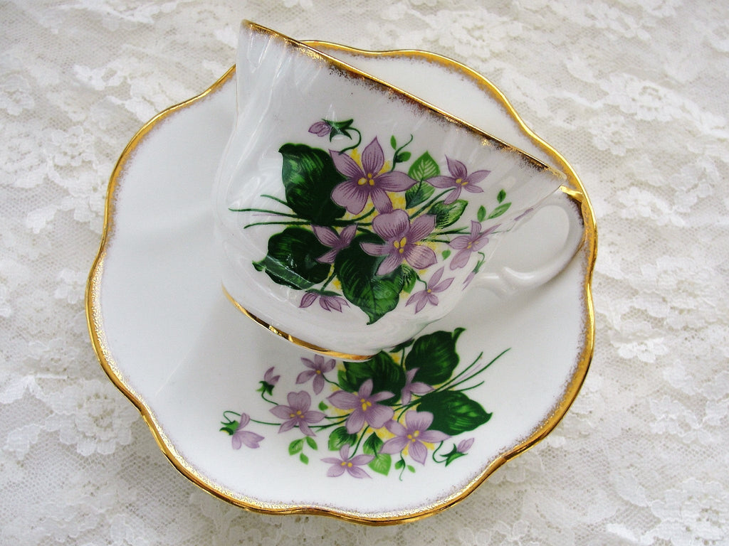 VINTAGE Rosina English Bone China Teacup and Saucer Sweet Violets Pattern,Pretty Pink Purple Flowers,Lavish Gold Trim,Pedestal Cup n Saucer