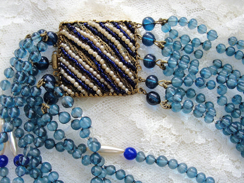 LUXURIOUS Italian Couture ORNELLA Venetian Art Glass Necklace, Multi Strand Of Blue Beads Day or Evening,Stunning Clasp,Collectible  Jewelry