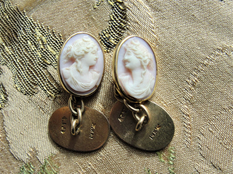 GORGEOUS Antique Carved Cameo 14 KT Gold Cufflinks,Antique 14 Kt Gold Links,Pink White Shell Cameos Cufflinks,Detailed Cameo Cufflinks