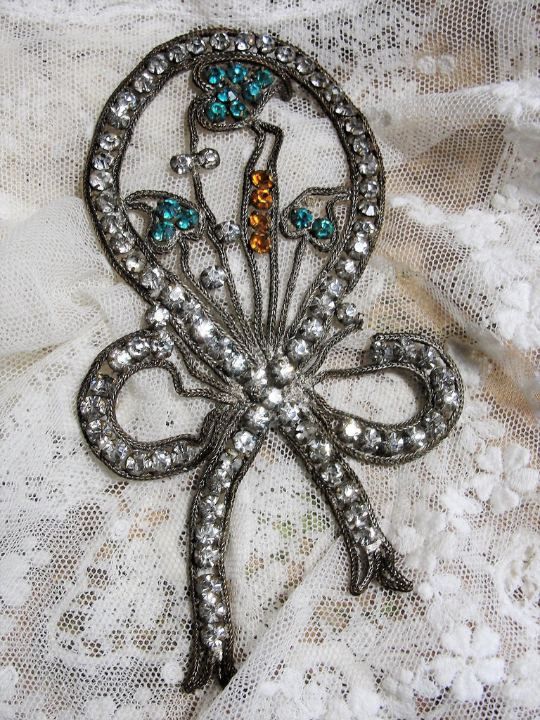 GORGEOUS Antique FRENCH Flapper Silver Metal and Stone Applique, Sparkling Diamonte Paste Stones,Bow Shape Applique,Glittering Paste Stones