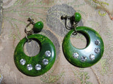 FANTASTIC Vintage 1940s BAKELITE Earrings,Green Marbled Bakelite Hoop and Paste Stones Earrings,Screw Backs Screwback, Art Deco Collectible