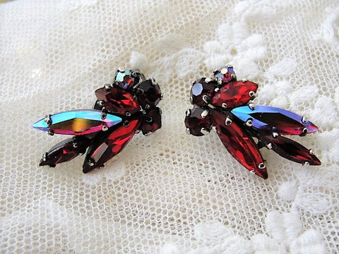 GLAMOROUS Vintage 50s SHERMAN Signed Earrings,RED Aurora Borealis Earrings,Navette Rhinestone Clip On Sherman Earrings,Collectible Jewelry