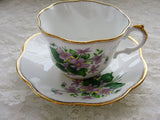 VINTAGE Rosina English Bone China Teacup and Saucer Sweet Violets Pattern,Pretty Pink Purple Flowers,Lavish Gold Trim,Pedestal Cup n Saucer