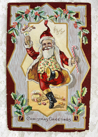 LOVELY Antique Christmas Greeting Postcard Dancing Santa JOLLY SANTA Claus Saint Nick Embossed Decorative Holiday Decor Vintage Holiday Card