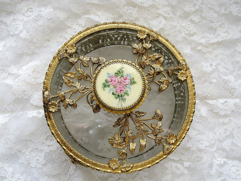 GORGEOUS French Jewelry Vanity Box,Ornate Metal Overlay,Filigree Footed Box,Glass Liner,Guilloché Enamel Pink Roses,French Chateau Decor,