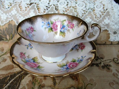 LOVELY EB Foley English Bone China Sumptuous Cabinet Teacup and Saucer Pink Teacup, Pink Blue Flowers, Lavish Gold,Luxurious Cup and Saucer