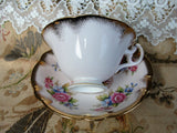 LOVELY EB Foley English Bone China Sumptuous Cabinet Teacup and Saucer Pink Teacup, Pink Blue Flowers, Lavish Gold,Luxurious Cup and Saucer