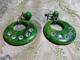 FANTASTIC Vintage 1940s BAKELITE Earrings,Green Marbled Bakelite Hoop and Paste Stones Earrings,Screw Backs Screwback, Art Deco Collectible