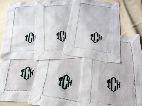 6 RETRO COCKTAIL NAPKINS, 50s Irish Linen, Eames Era, Monogram Cocktail Napkins, Mid Century Madeira,Linen Drink Mats, Collectible Barware