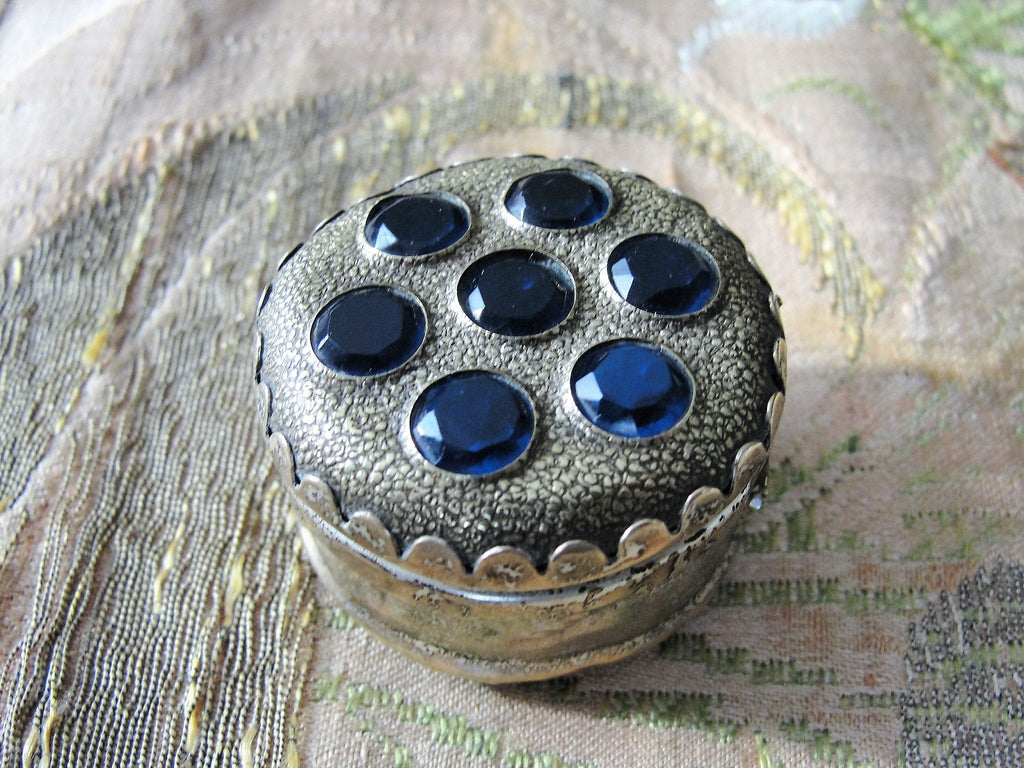 LOVELY Vintage Silver Plate Pill Box,Blue Glass Stones Top Trinket Box, Antique Silver Box, Hinged Silver Box, Snuff Box,Collectible Boxes